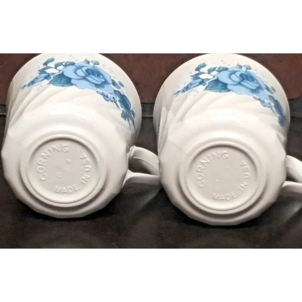 2 Vintage Corning Corelle Mugs Coffee cups Blue Velvet Rose Floral Pattern swirl